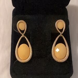 Gold Double Teardrop Shape Hanging Earrings With Yellow Stone